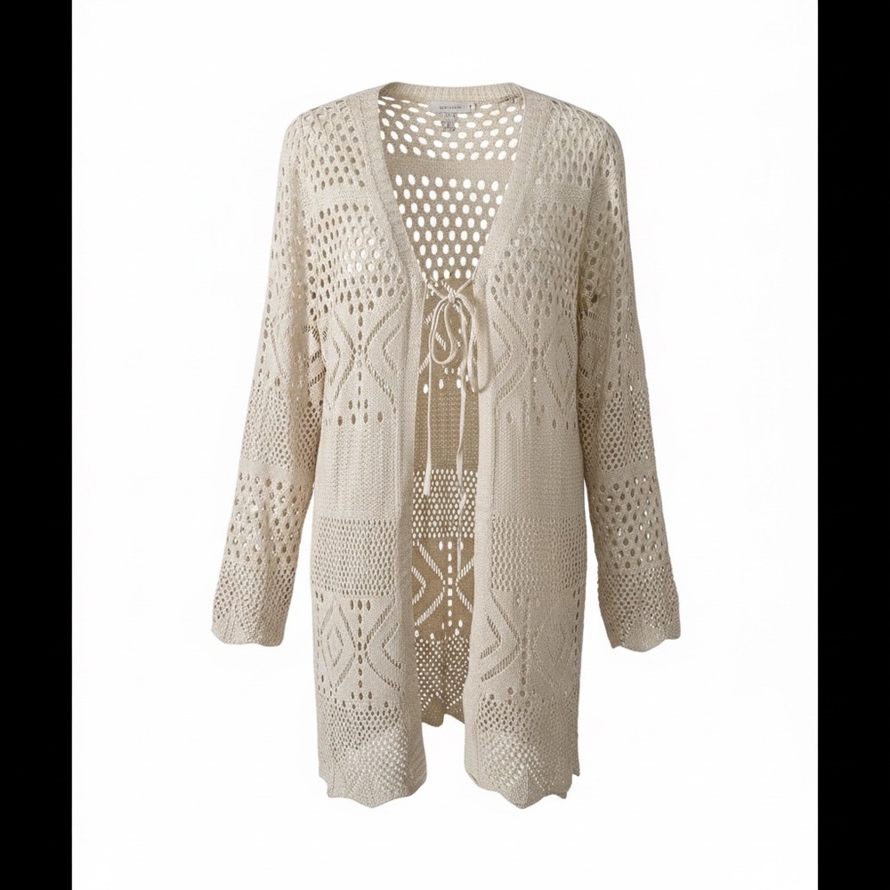 Beige Crochet Open-Front Cardigan Sweater